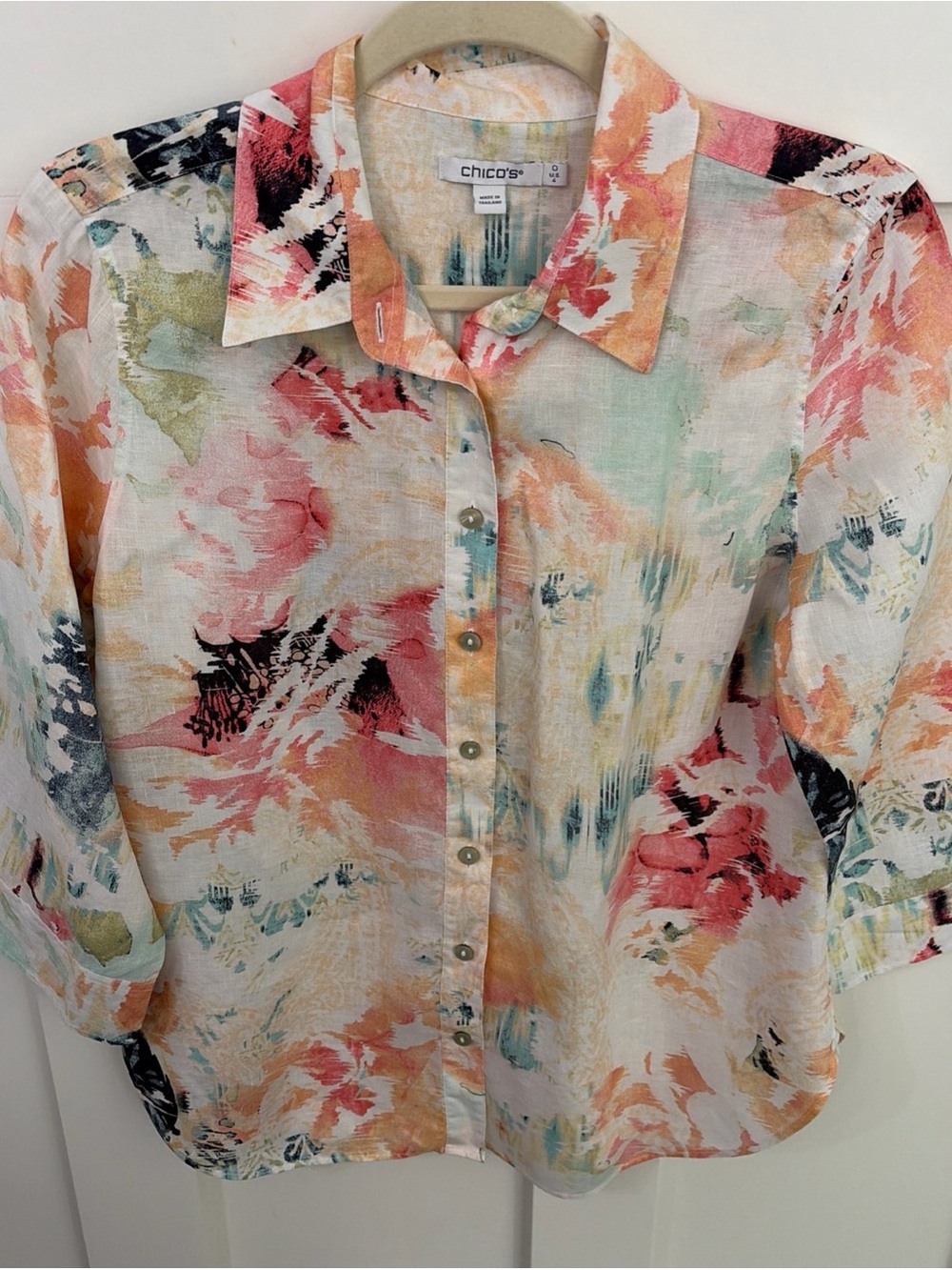 Chico's Multi-Color Watercolor Linen Button-Down Shirt